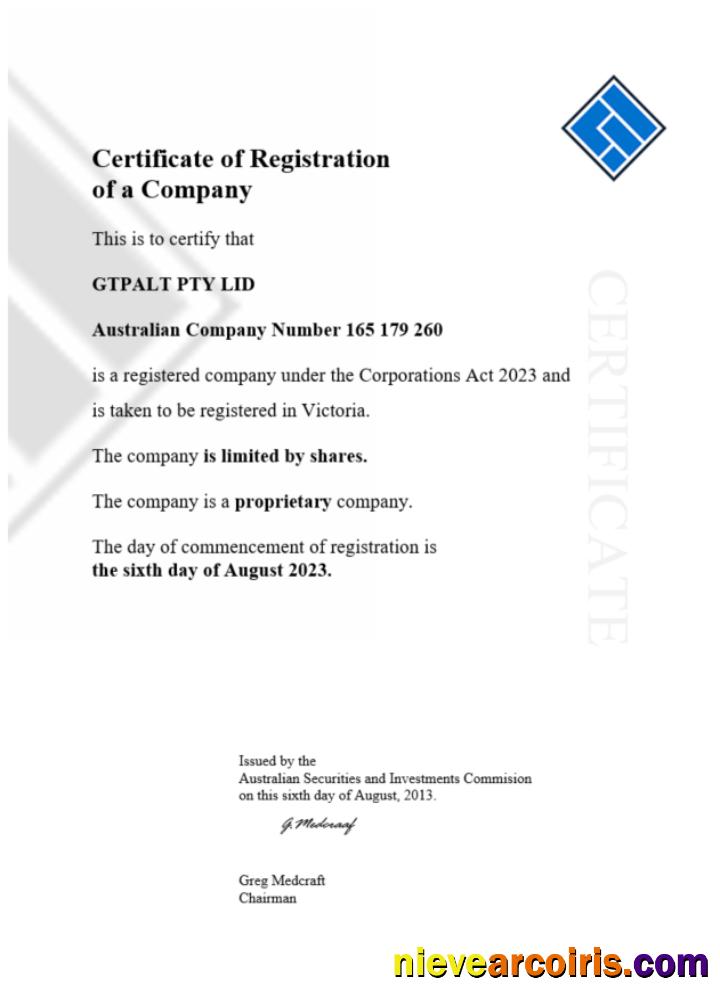 Australia GTPALT certificate of company registration